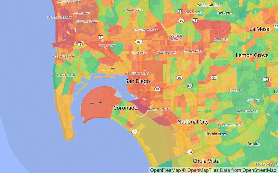 CrimeScore Safety Score map for San Diego