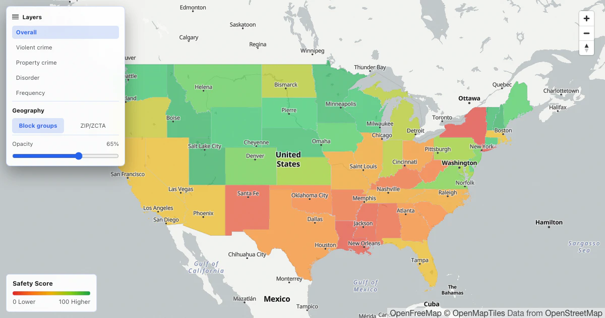 CrimeScore public map showing U.S. Safety Score coverage with layer and geography controls