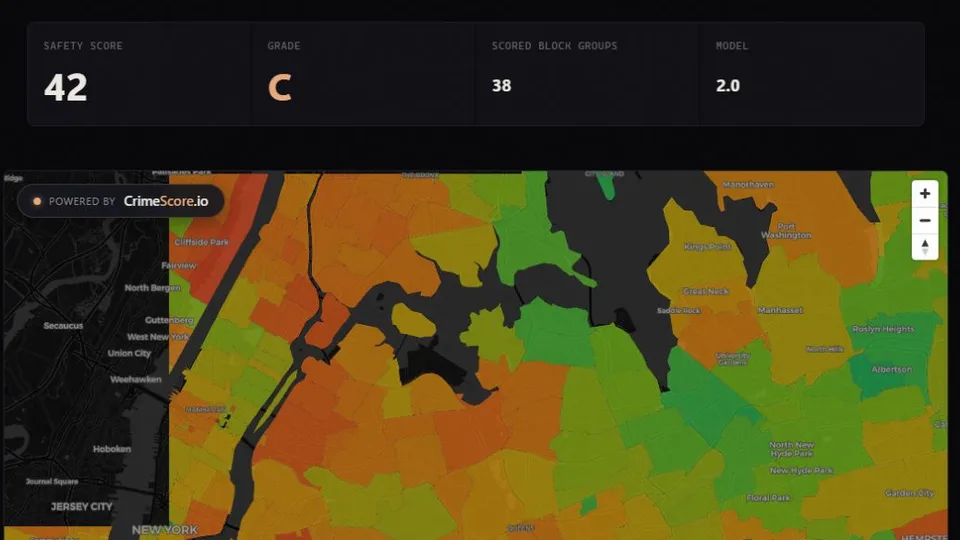 Dark CrimeScore ZIP profile showing a ZIP score above a block-group map